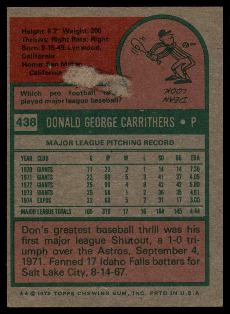 1975 Topps #438 Don Carrithers Signed Auto Autograph 
