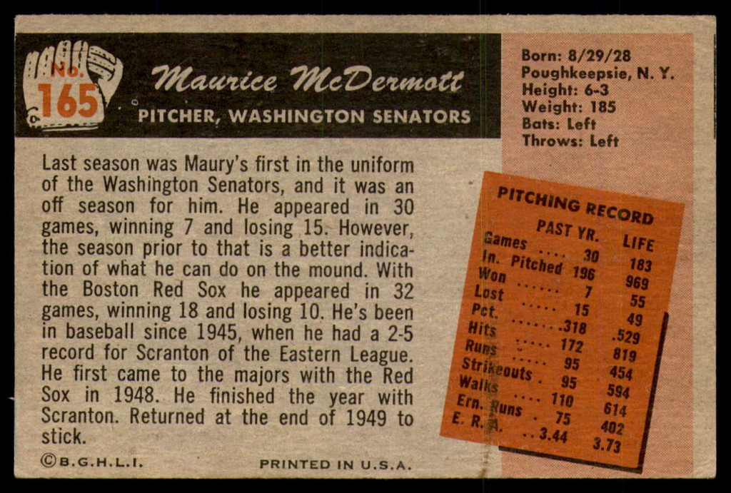 1955 Bowman #165 Mickey McDermott Very Good 