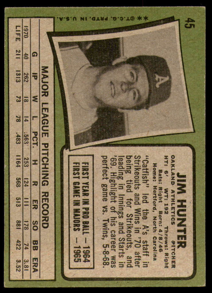 1971 Topps # 45 Jim Hunter Excellent+  ID: 193083