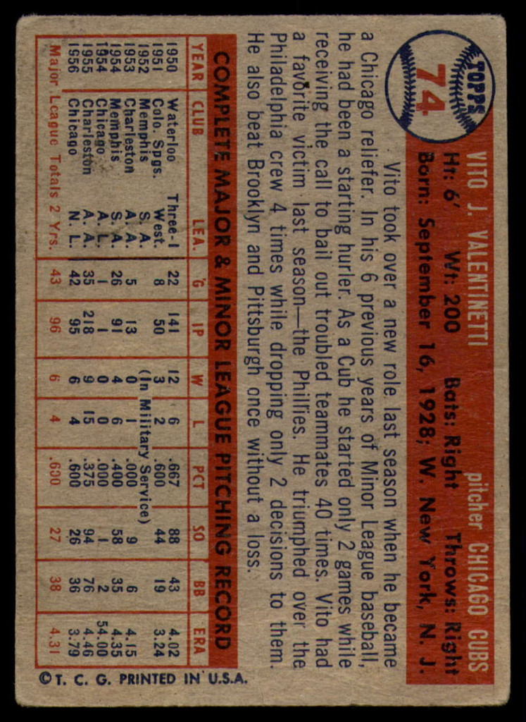 1957 Topps #74 Vito Valentinetti VG Very Good RC Rookie ID: 103252