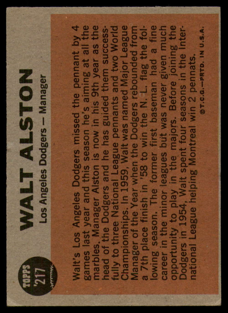 1962 Topps #217 Walt Alston MG Very Good  ID: 149418