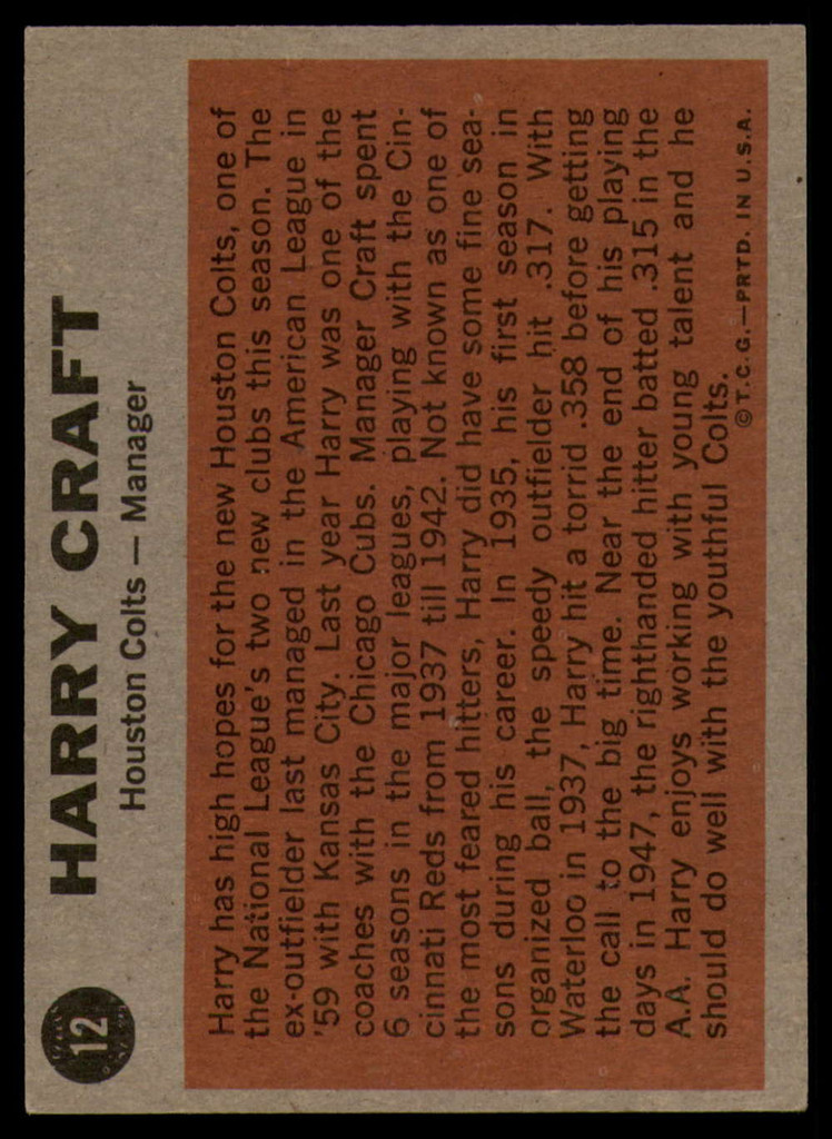 1962 Topps #12 Harry Craft MG EX/NM 