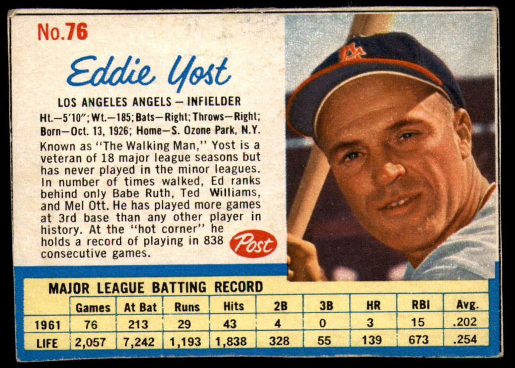 1962 Post Cereal #76 Eddie Yost Excellent+ 