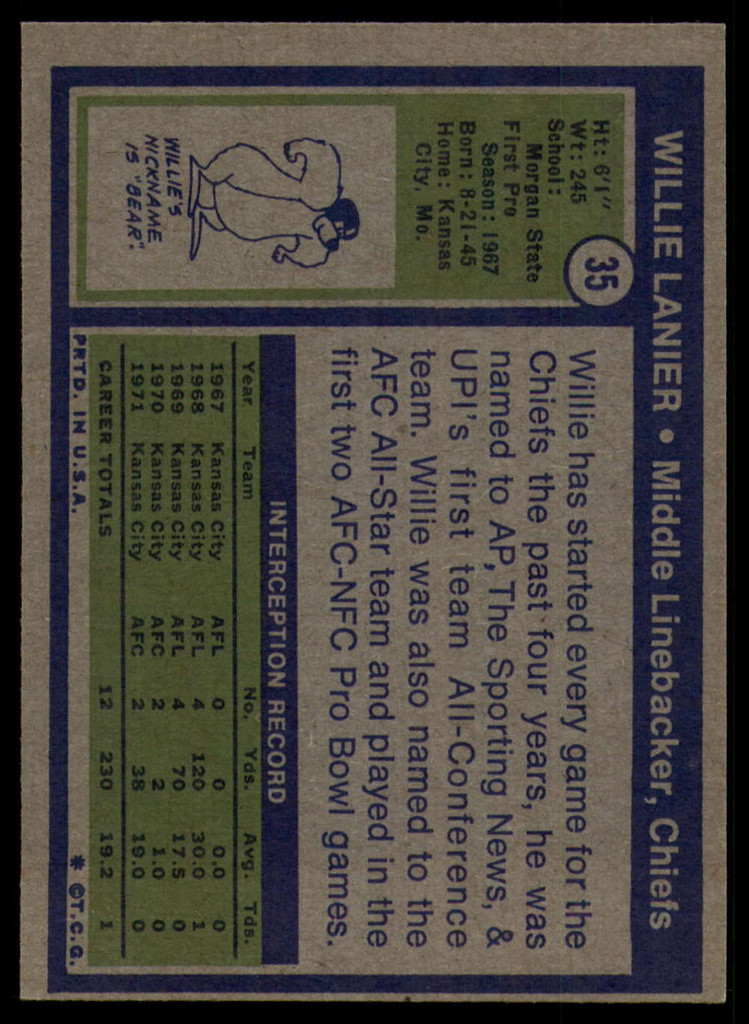 1972 Topps # 35 Willie Lanier Ex-Mint  ID: 131845