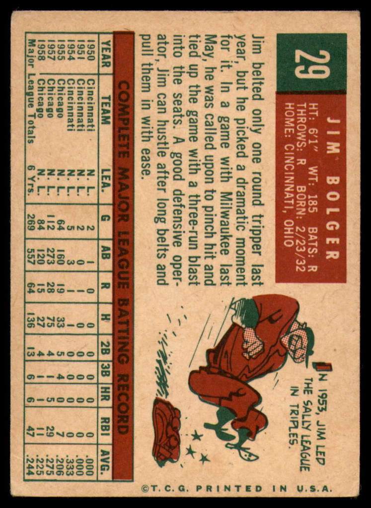 1959 Topps #29 Jim Bolger EX Excellent 