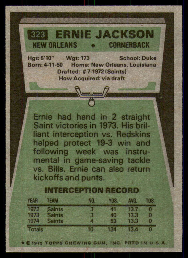 1975 Topps #323 Ernie Jackson Near Mint or Better  ID: 209248