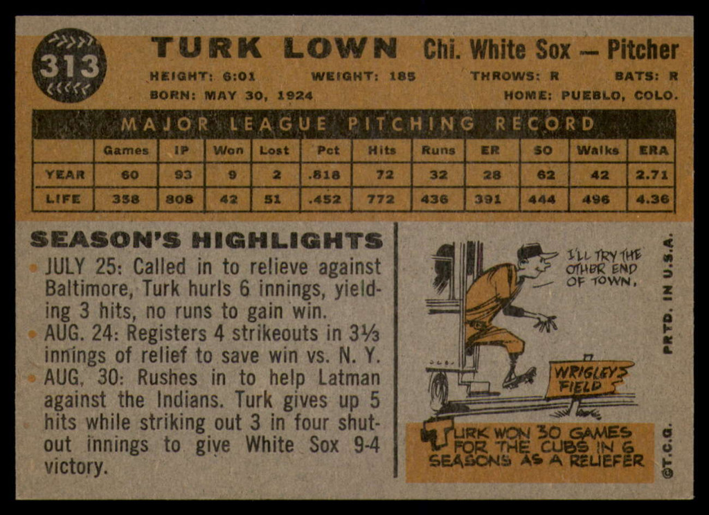 1960 Topps #313 Turk Lown EX/NM 