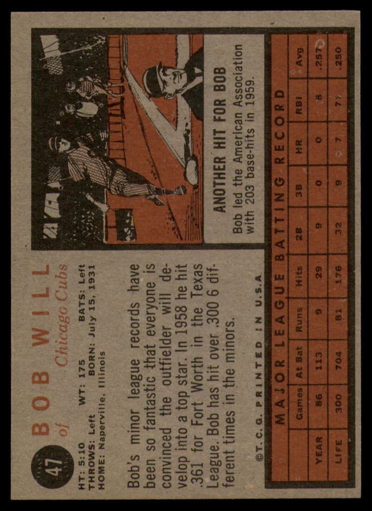 1962 Topps #47 Bob Will EX++ Excellent++ 