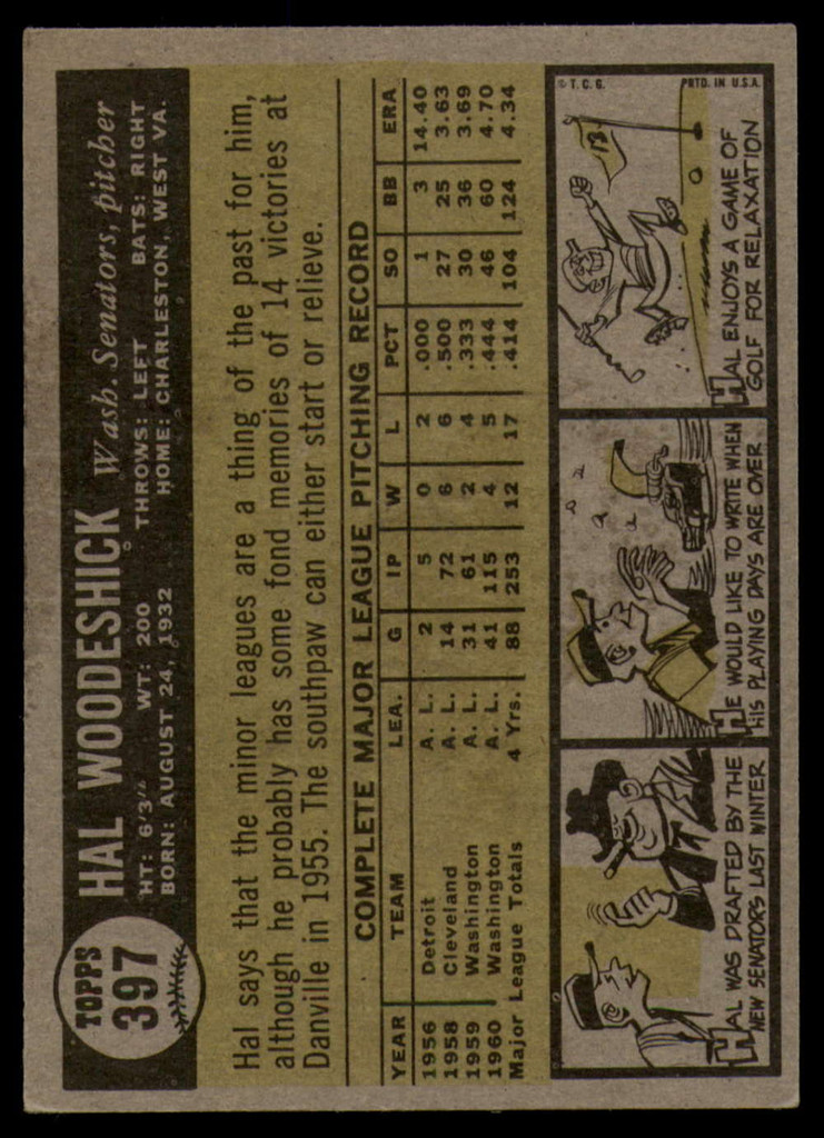 1961 Topps #397 Hal Woodeshick EX/NM 