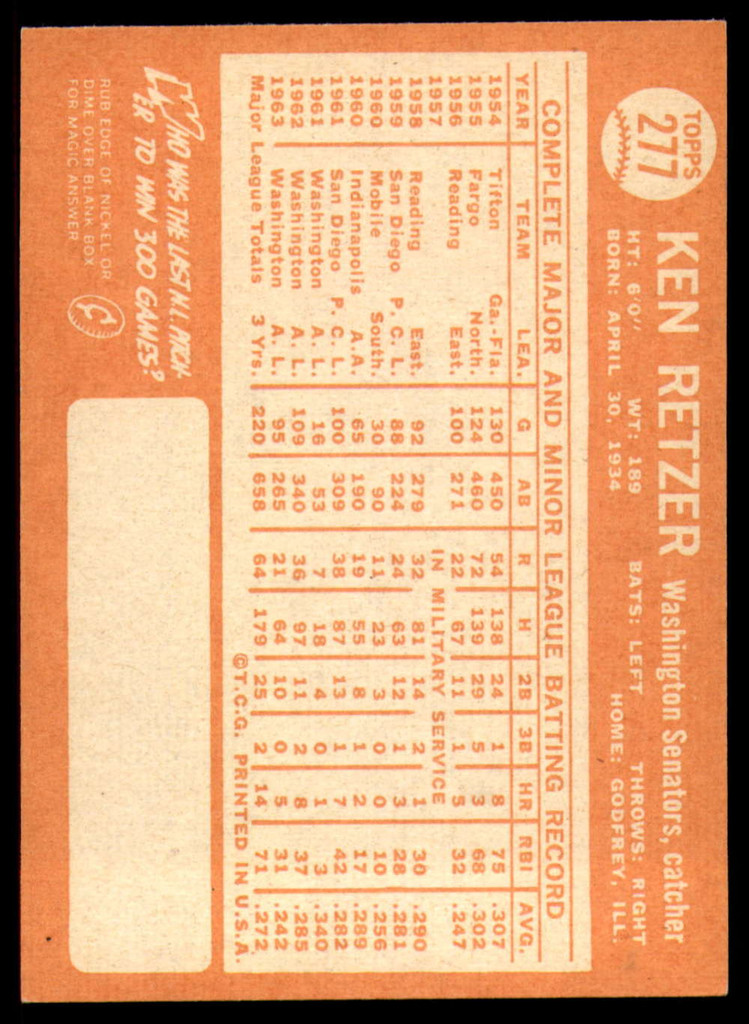 1964 Topps #277 Ken Retzer EX/NM  ID: 114230
