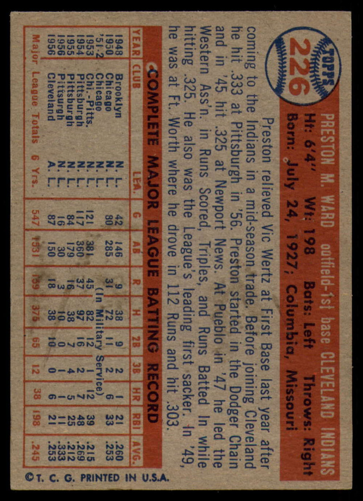 1957 Topps #226 Preston Ward VG/EX Very Good/Excellent 