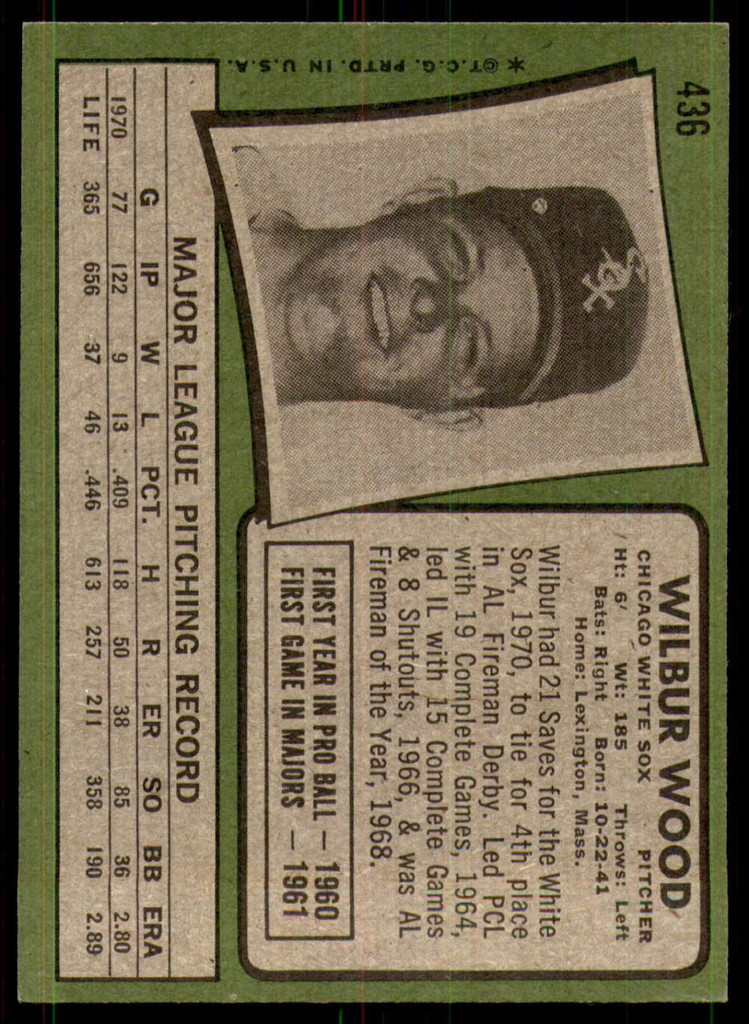 1971 Topps #436 Wilbur Wood Ex-Mint  ID: 193620