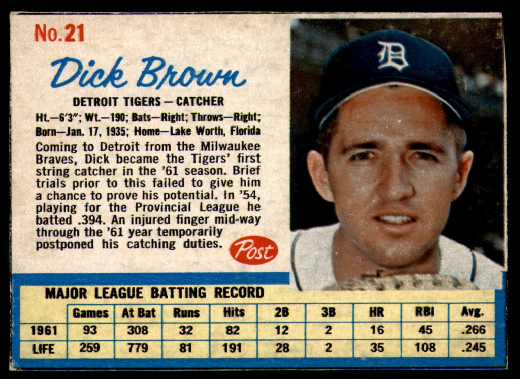 1962 Post Cereal #21 Dick Brown Ex-Mint  ID: 136790