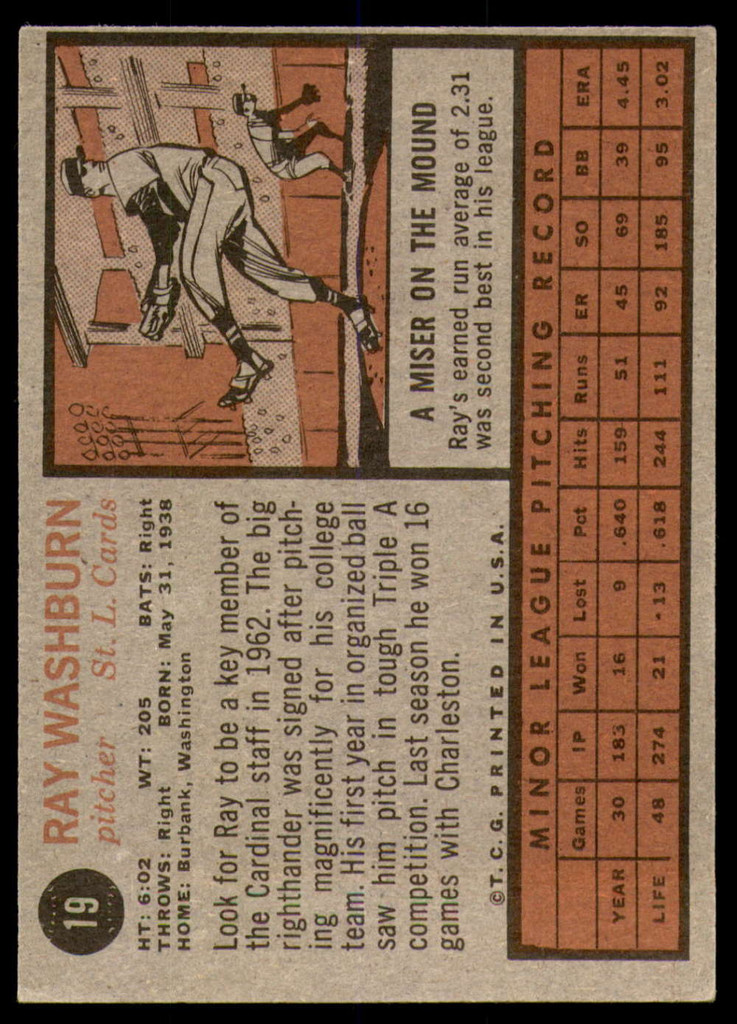 1962 Topps #19 Ray Washburn UER Excellent+ RC Rookie  ID: 194396