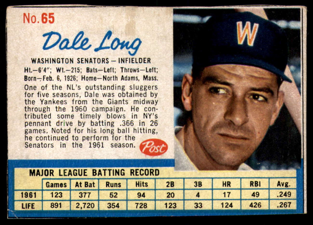 1962 Post Cereal #65 Dale Long Ex-Mint 