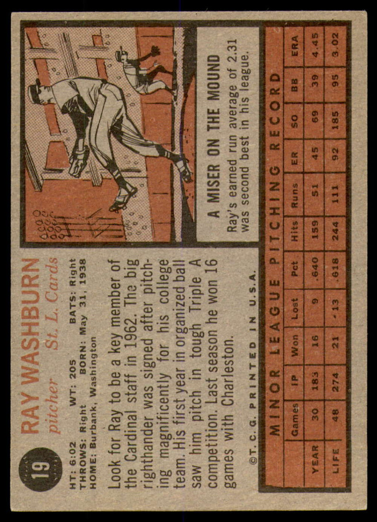 1962 Topps #19 Ray Washburn UER Excellent+ RC Rookie  ID: 194402