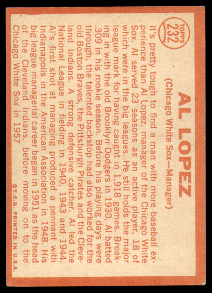 1964 Topps #232 Al Lopez MG Excellent  ID: 136056