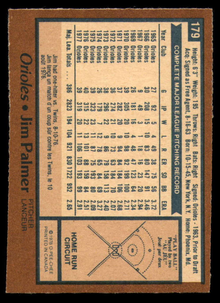 1978 O-Pee-Chee #179 Jim Palmer Near Mint  ID: 158603