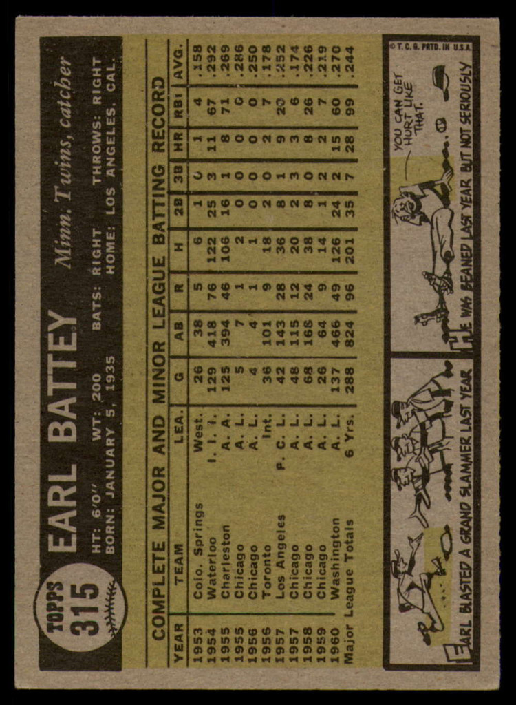 1961 Topps #315 Earl Battey Excellent  ID: 168846