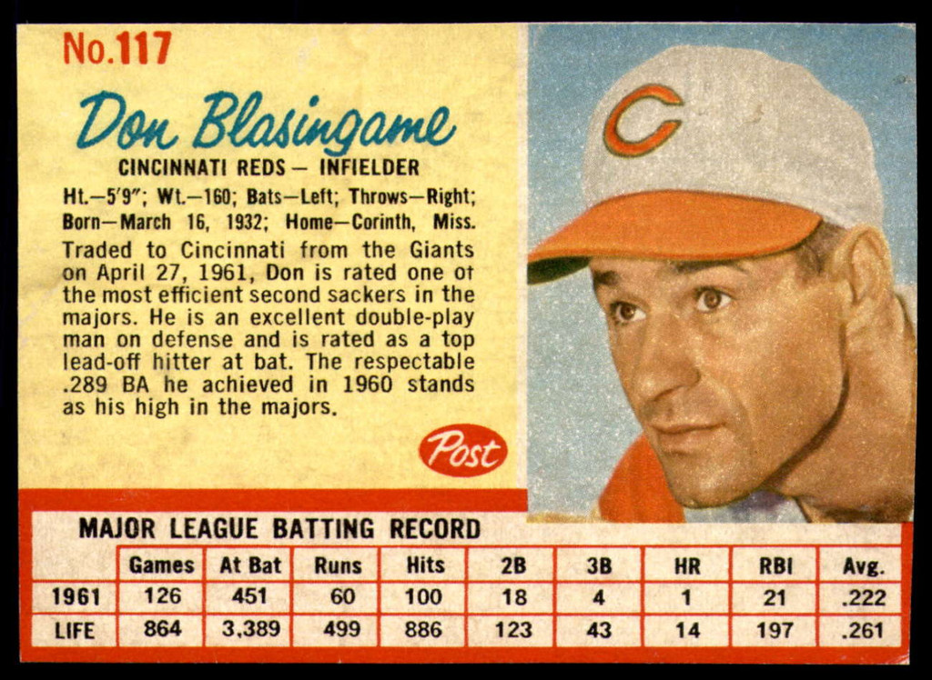 1962 Post Cereal #117 Don Blasingame Ex-Mint  ID: 183468