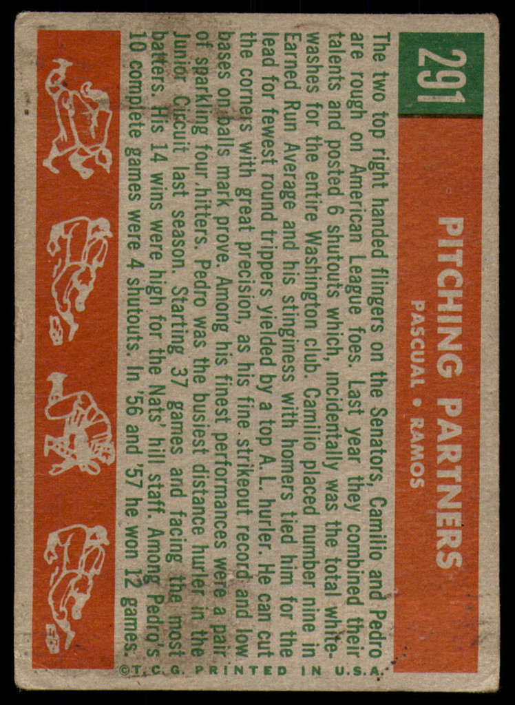 1959 Topps #291 Pedro Ramos/Camilo Pascual Pitching Partners UER Poor  ID: 239480