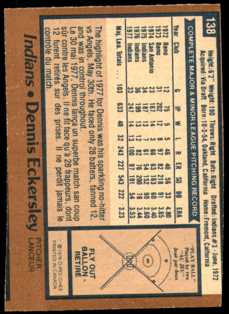 1978 O-Pee-Chee #138 Dennis Eckersley Near Mint  ID: 188614