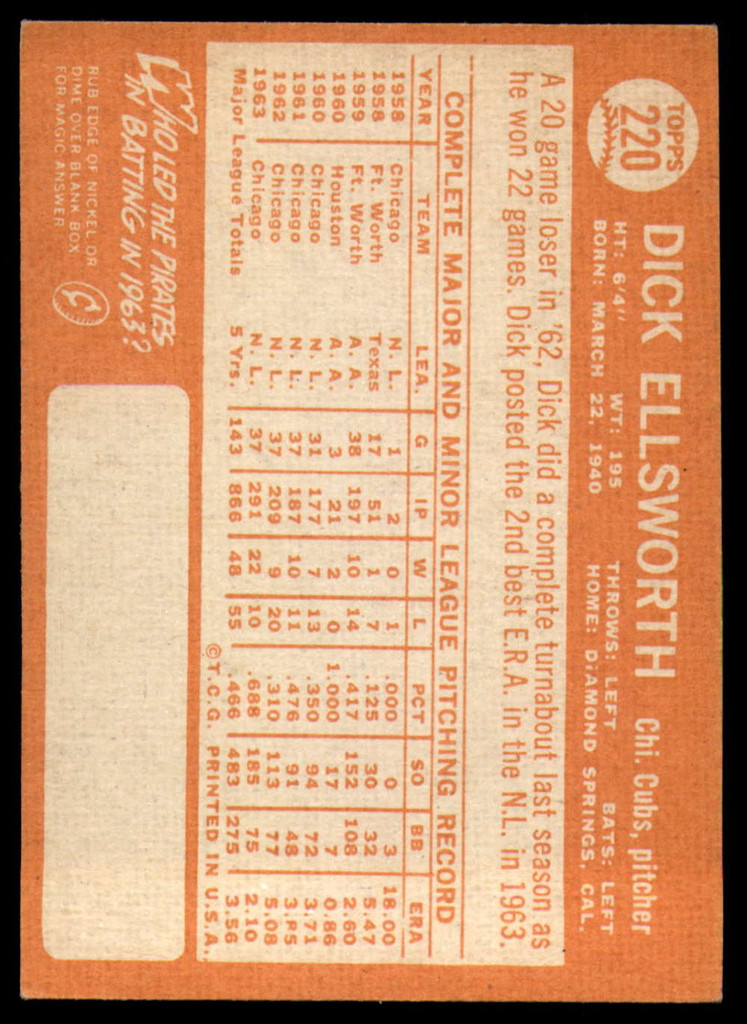 1964 Topps #220 Dick Ellsworth EX/NM  ID: 114120