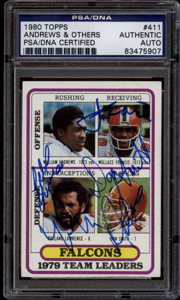 1980 Topps #411 Andrews Francis Lawrence Smith PSA/DNA Signed Auto Falcons 4 Autos