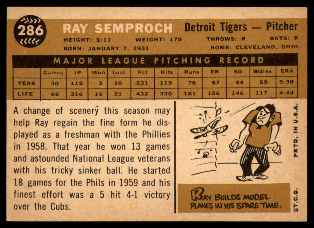 1960 Topps #286 Ray Semproch EX/NM  ID: 108750
