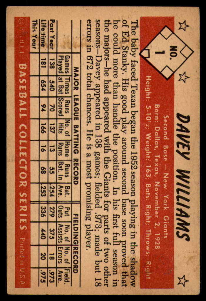 1953 Bowman Color #1 Davey Williams VG-EX NY Giants