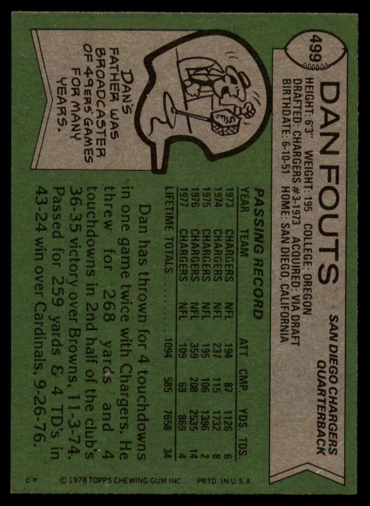1978 Topps #499 Dan Fouts Ex-Mint  ID: 159445