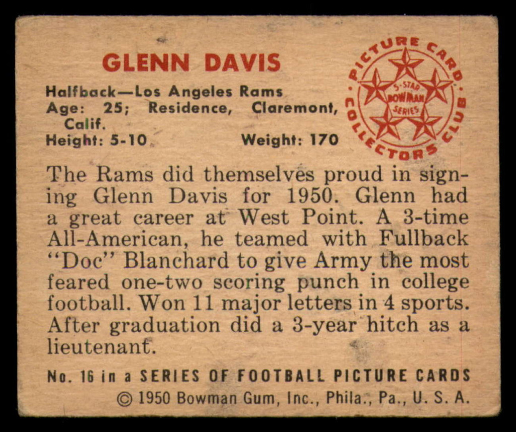 1950 Bowman #16 Glenn Davis EX++ Excellent++ RC Rookie