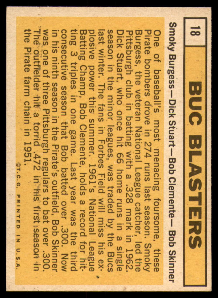 1963 Topps # 18 Smoky Burgess/Dick Stuart/Roberto Clemente/Bob Skinner Buc Blasters EX/NM  ID: 89141