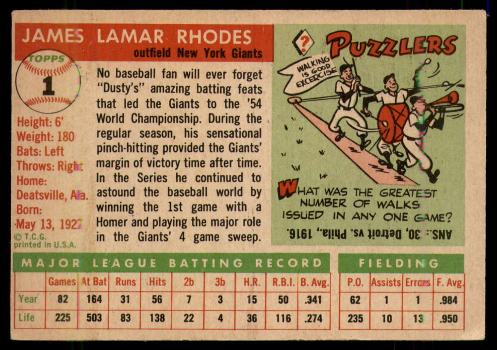 1955 Topps #1 Dusty Rhodes Miscut NY Giants