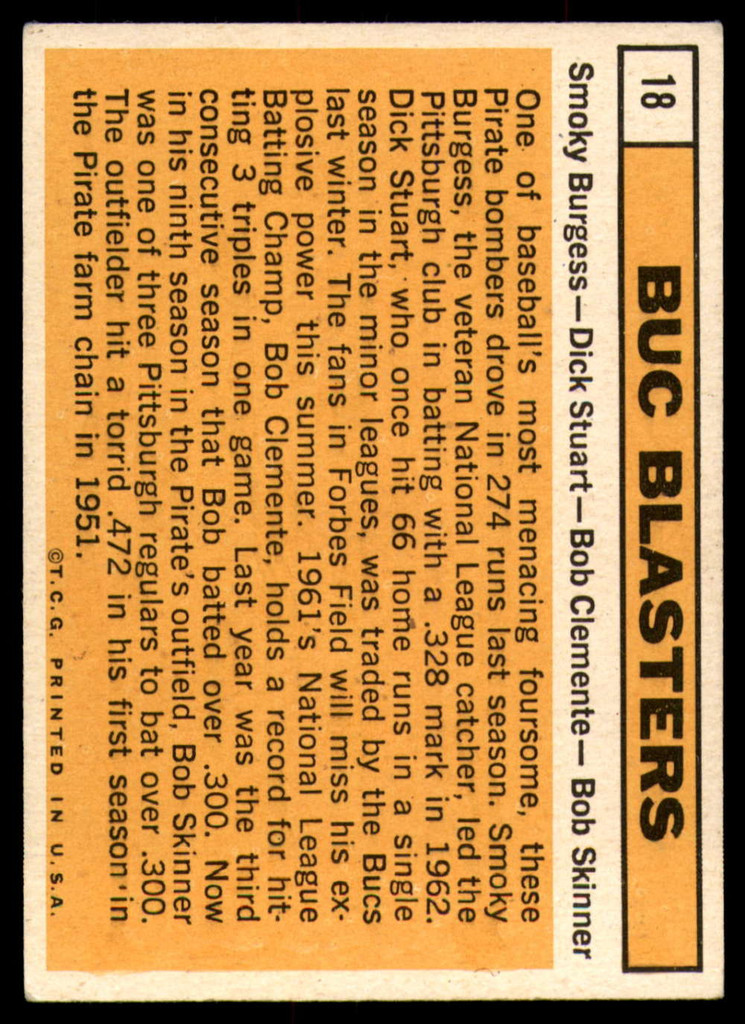 1963 Topps # 18 Smoky Burgess/Dick Stuart/Roberto Clemente/Bob Skinner Buc Blasters EX++  ID: 89142