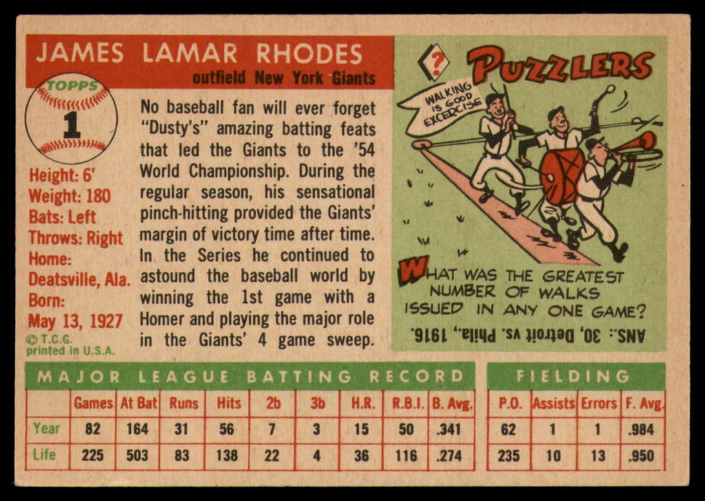 1955 Topps #1 Dusty Rhodes G-VG NY Giants