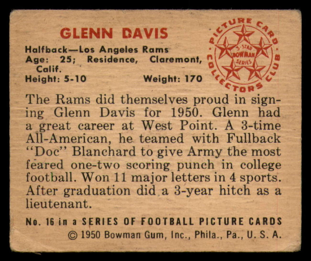 1950 Bowman #16 Glenn Davis VG Very Good RC Rookie