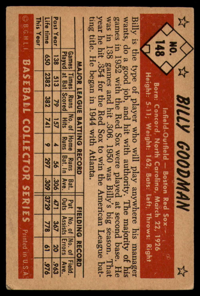1953 Bowman Color #148 Billy Goodman EX++ 