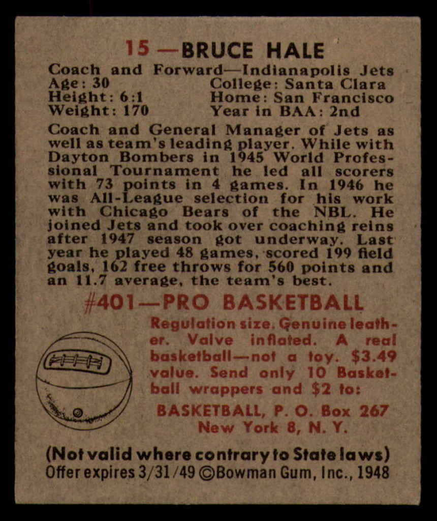 1948 Bowman #15 Bruce Hale EX/NM RC Rookie