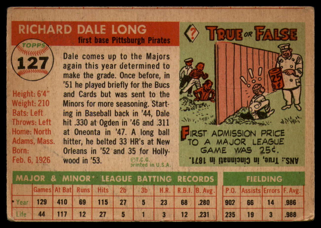 1955 Topps #127 Dale Long G/VG Good/Very Good RC Rookie