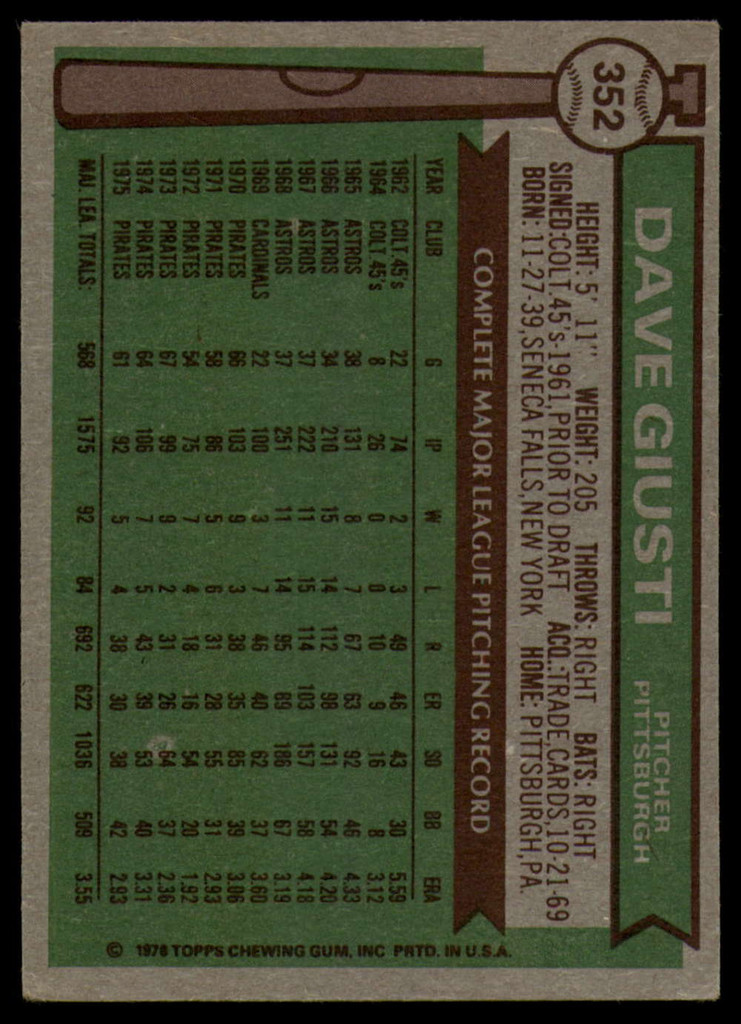 1976 Topps #352 Dave Giusti Signed Auto Autograph 