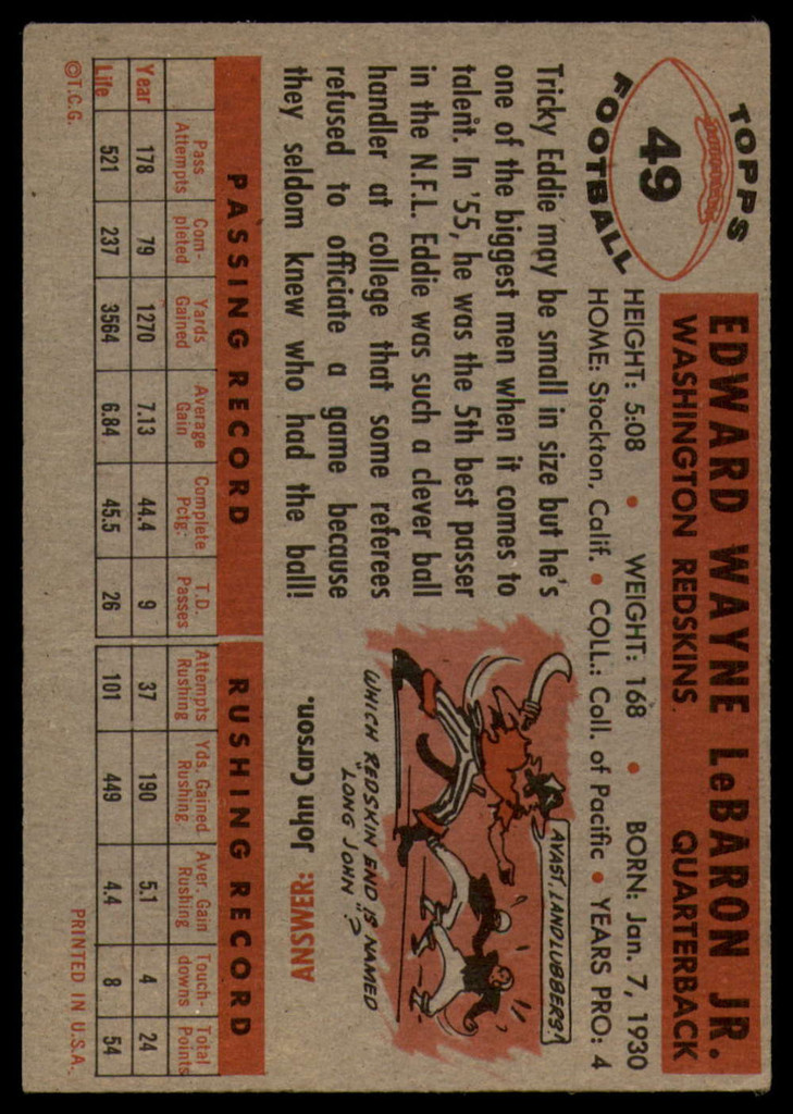 1956 Topps #49 Eddie LeBaron EX++ SP ID: 85798