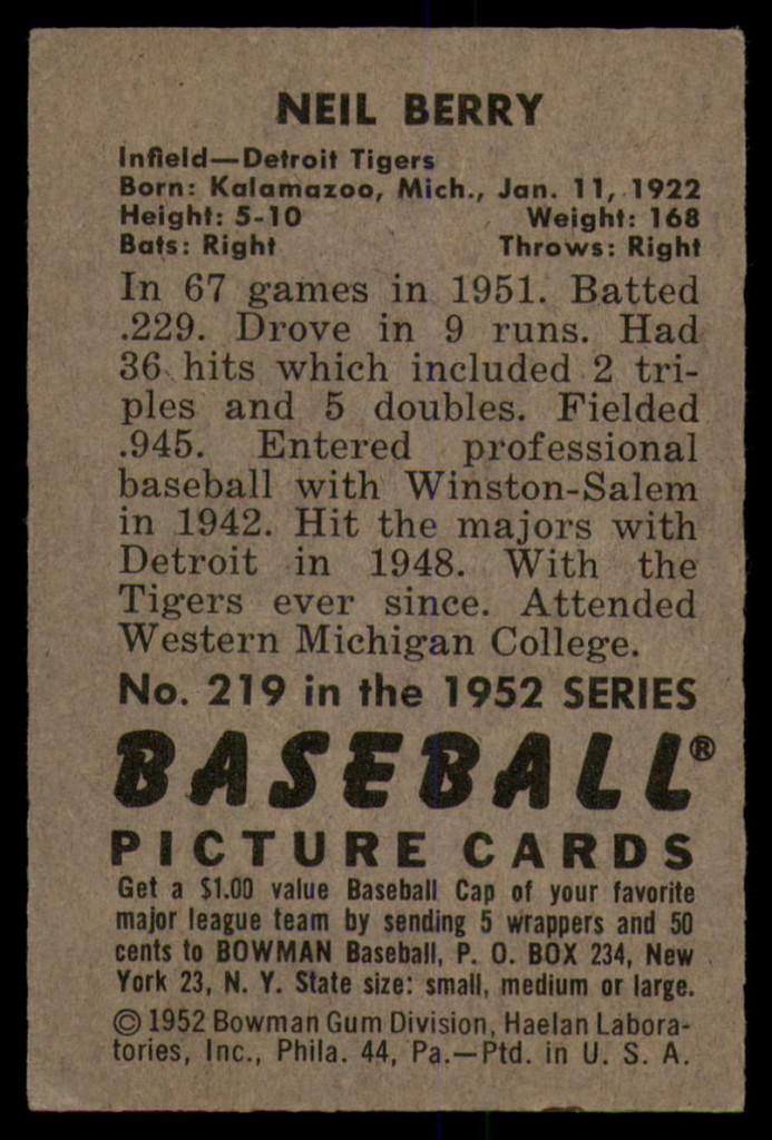 1952 Bowman #219 Neil Berry EX Excellent 