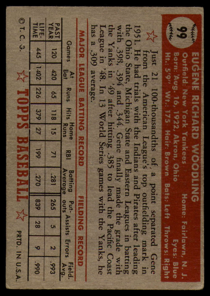 1952 Topps #99 Gene Woodling EX ID: 78469