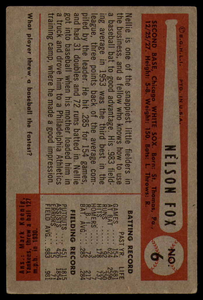 1954 Bowman #6 Nellie Fox VG/EX  ID: 91070