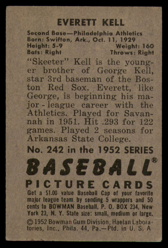 1952 Bowman #242 Everett Kell VG/EX RC Rookie