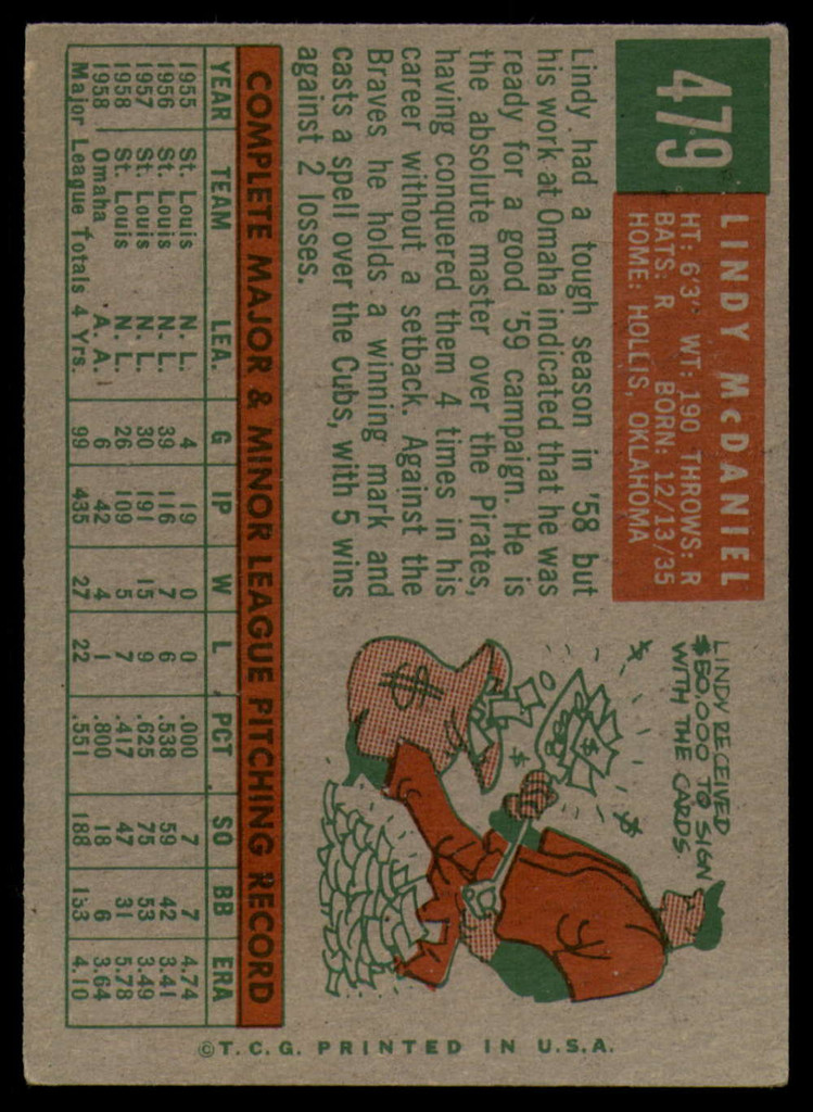 1959 Topps #479 Lindy McDaniel EX++ Excellent++  ID: 103709