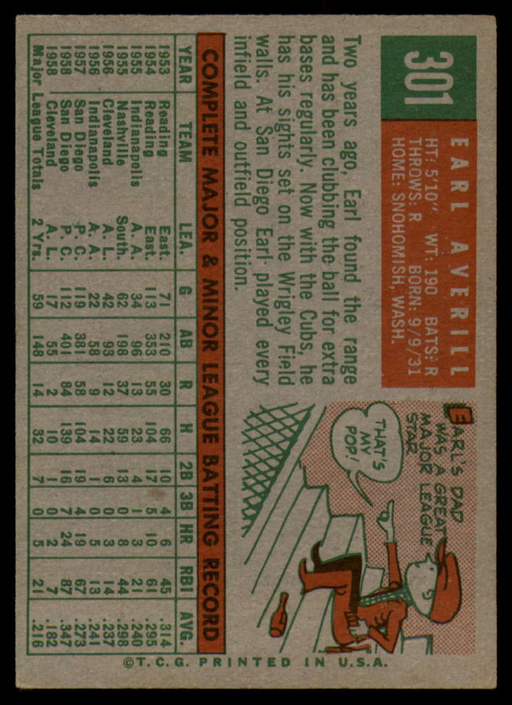 1959 Topps #301 Earl Averill Jr. EX++ Excellent++ RC Rookie