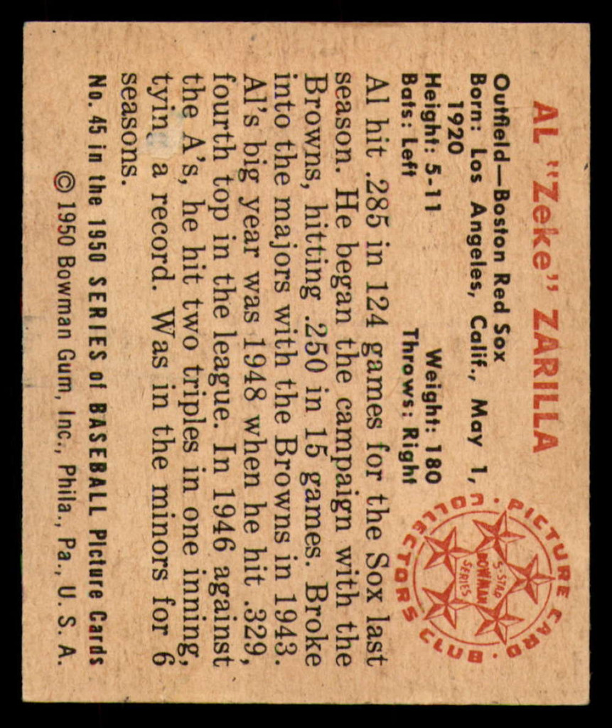 1950 Bowman #45 Al Zarilla EX ID: 70998