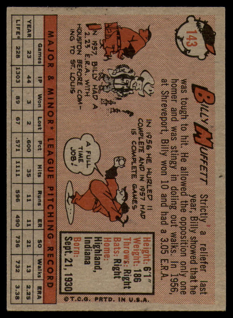 1958 Topps #143 Billy Muffett UER VG Very Good RC Rookie ID: 104488